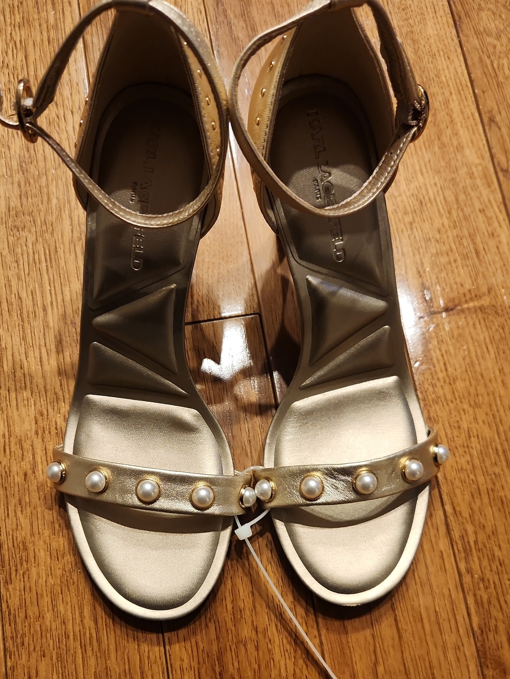 Karl Lagerfeld Gold Pearl-Strap Women's Sandals Size 7.5